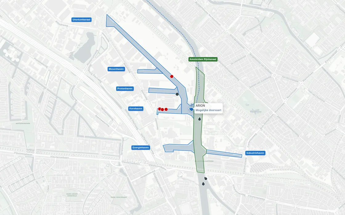 BinnenvaartLive: kaart met havenbekkens en schepen in het beheergebied