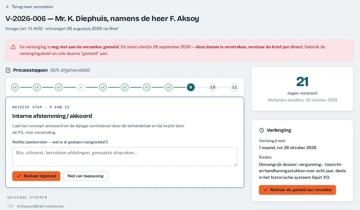 Dossier met processtappen, resterende dagen en verlenging