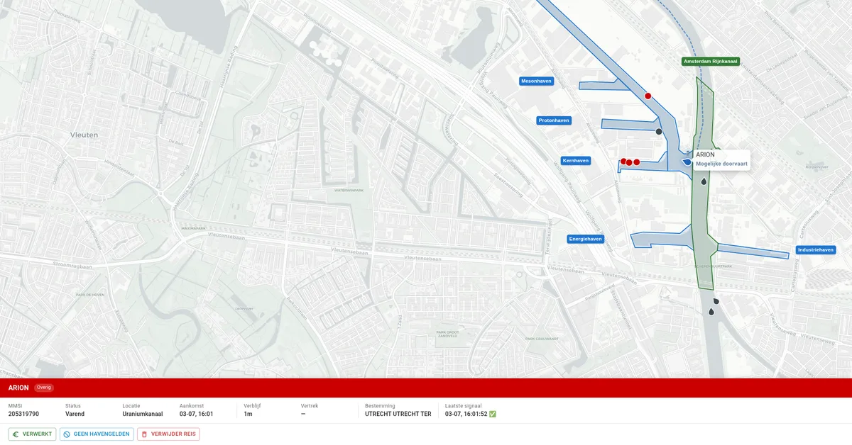 Live kaart met havenbekkens, schepen en een geselecteerd schip